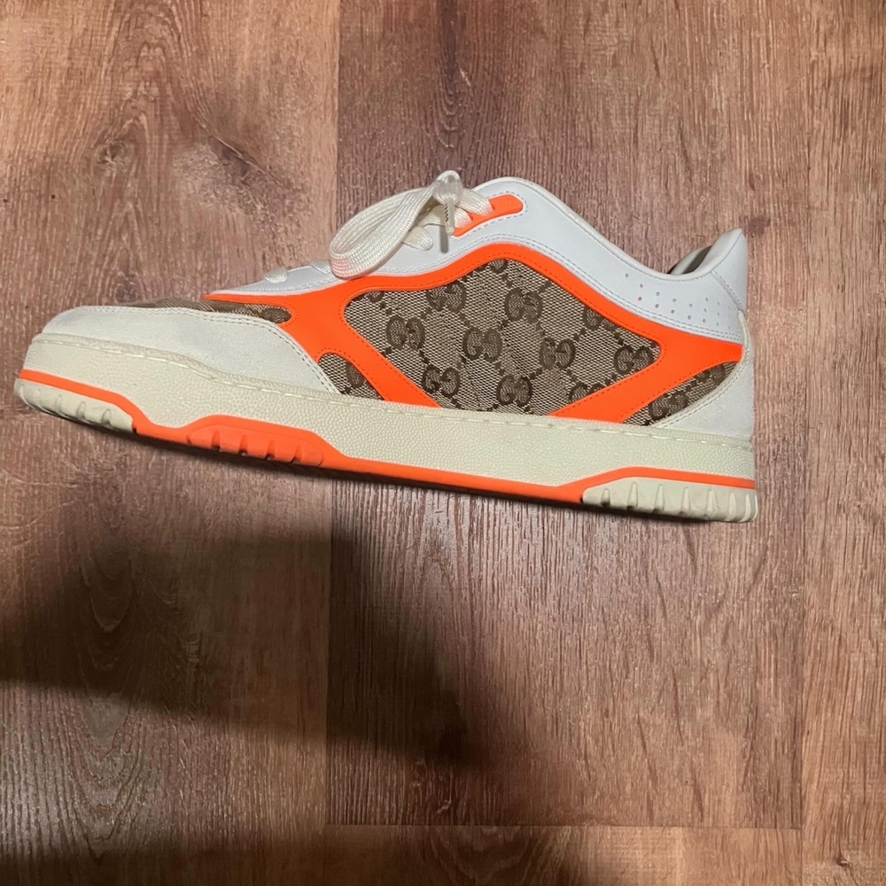 Gucci Beige Monogram Low-Top Sneaker with Bright Orange Trim